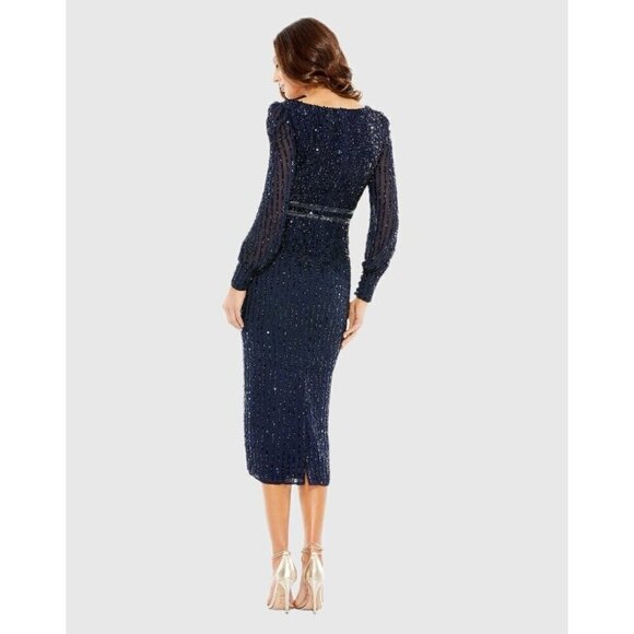 Mac Duggal Size 12 Navy 93593 Sequined V Neck Bishop Sleeve Midi Cocktail Dress - Picture 3 of 13